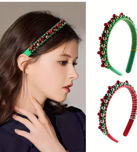 Serre-tête de Noël Festif à Perles Rouges et Vertes avec Clochettes