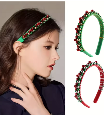 Serre-tête de Noël Festif à Perles Rouges et Vertes avec Clochettes
