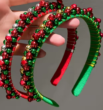 Serre-tête de Noël Festif à Perles Rouges et Vertes avec Clochettes