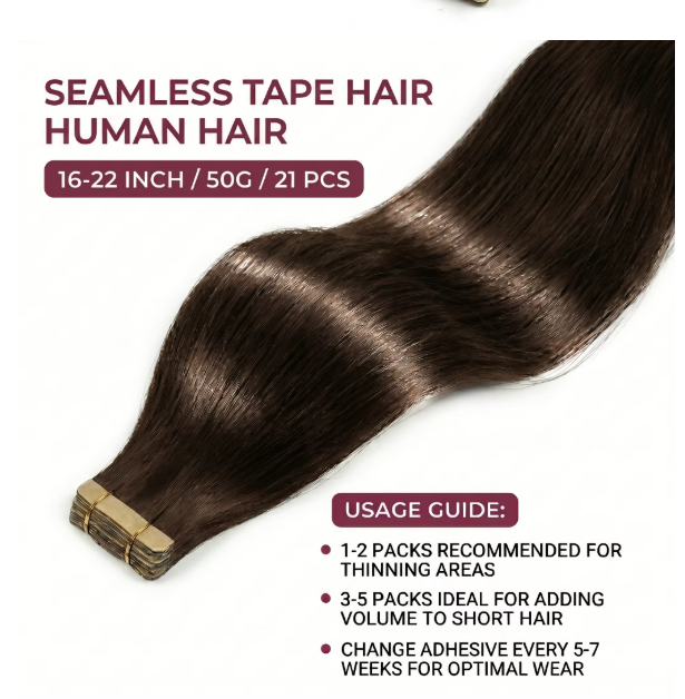 Extensions à Bandes Adhésives Premium | Brun Foncé | Cheveux Humains Remy 100% Naturels