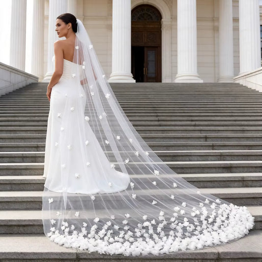 Voile de Mariée Cathédrale 3D Fleurs Prenium | Tulle Doux Blanc Ivoire avec Peigne