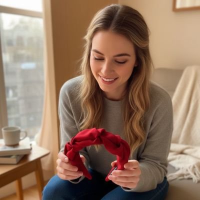 Femme portant un serre-tête rouge bordeaux en velours