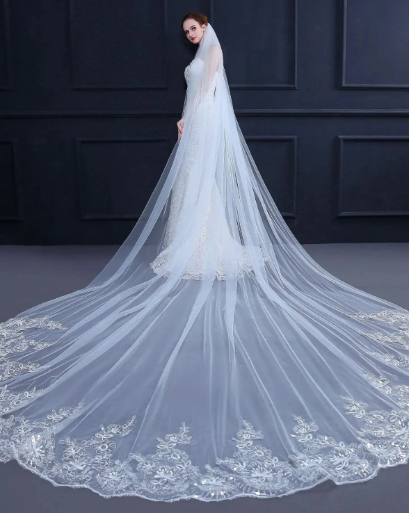 Voile de mariée long dentelle paillettes porté – vue de dos mariée