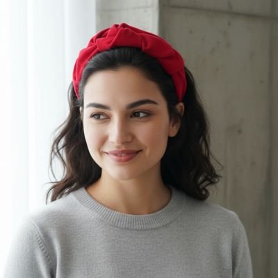 Serre-tête large velours rouge porté par une femme brune