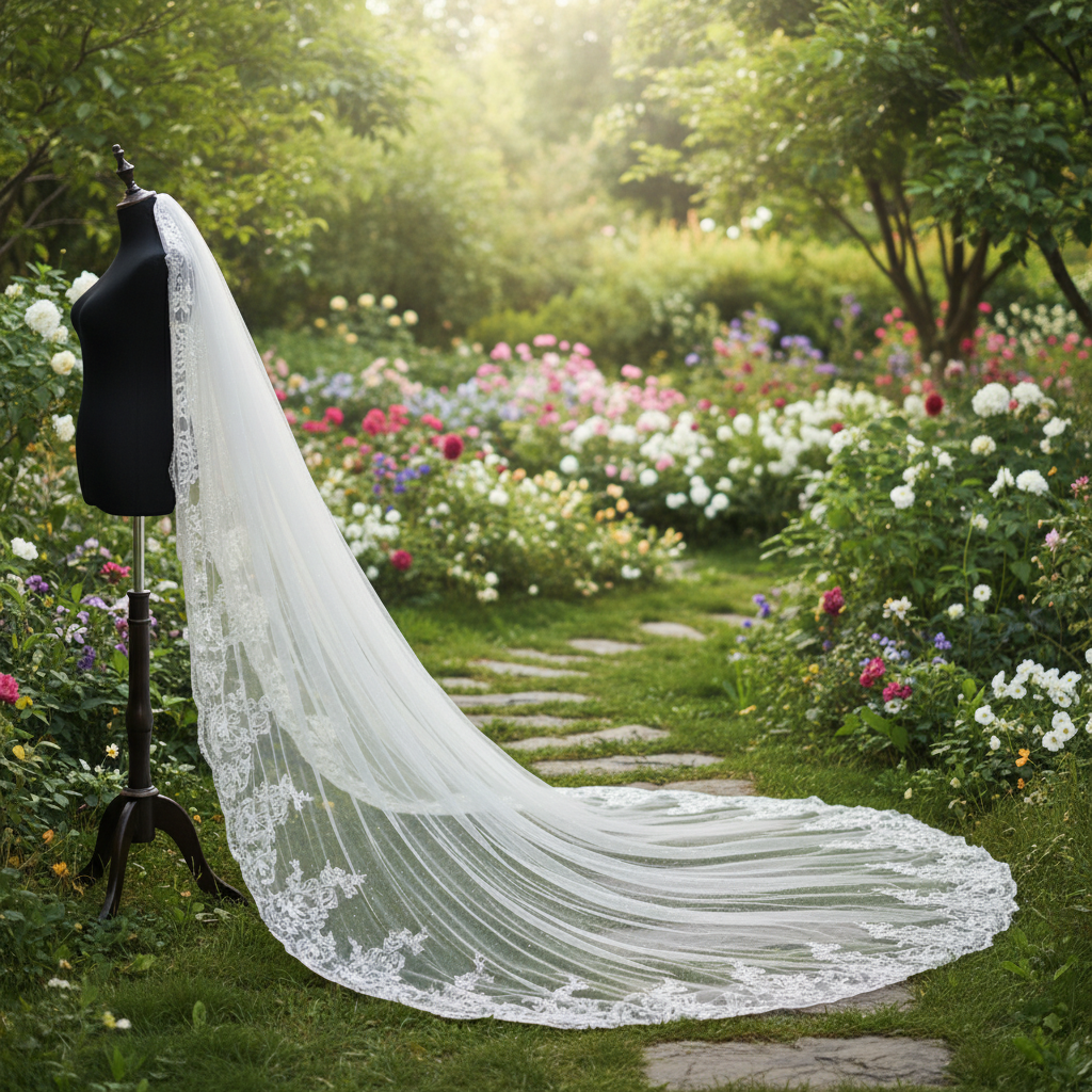 Voile de Mariée Long Dentelle & Paillettes | Voile Cathédrale avec Peigne | Blanc 3M/4M/5M