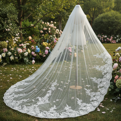 Voile de Mariée Long Dentelle & Paillettes | Voile Cathédrale avec Peigne | Blanc 3M/4M/5M